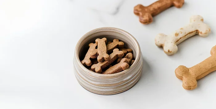 Hundekekse in Knochenform in einer Schüssel, umgeben von weiteren Keksen auf einer weißen Oberfläche.
