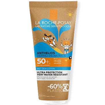 Sonnenschutzlotion für Kinder von La Roche-Posay, Anthelios Dermo-Pediatrics, SPF 50+, sehr wasserfest, 200 ml, hergestellt in Frankreich, mit 60% recyceltem Plastik.