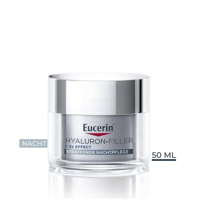 Eucerin Hyaluron-Filler Nachtpflege in einem 50 ml Glasbehälter mit silbernem Deckel, für straffende Hautpflege mit 3-fach Effekt.