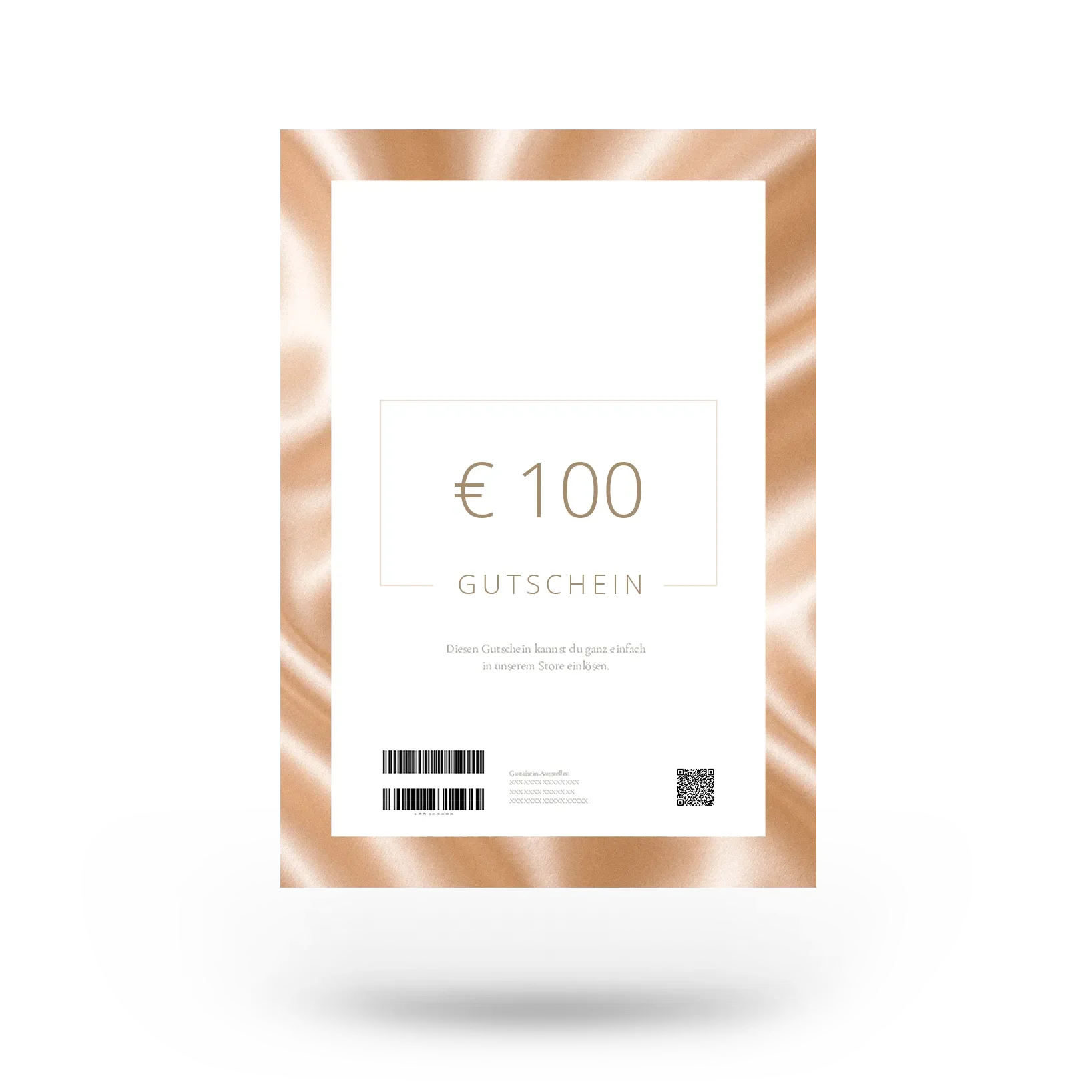 Eleganter Gutschein im Wert von 100 Euro mit einem glänzenden, goldfarbenen Rand und einem QR-Code, ideal als Geschenk für verschiedene Anlässe.