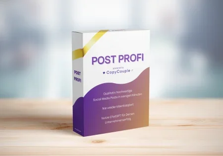 Produktverpackung von Post Profi, powered by CopyCouple, mit Informationen über qualitativ hochwertige Social Media Posts und Unternehmenskommunikation.