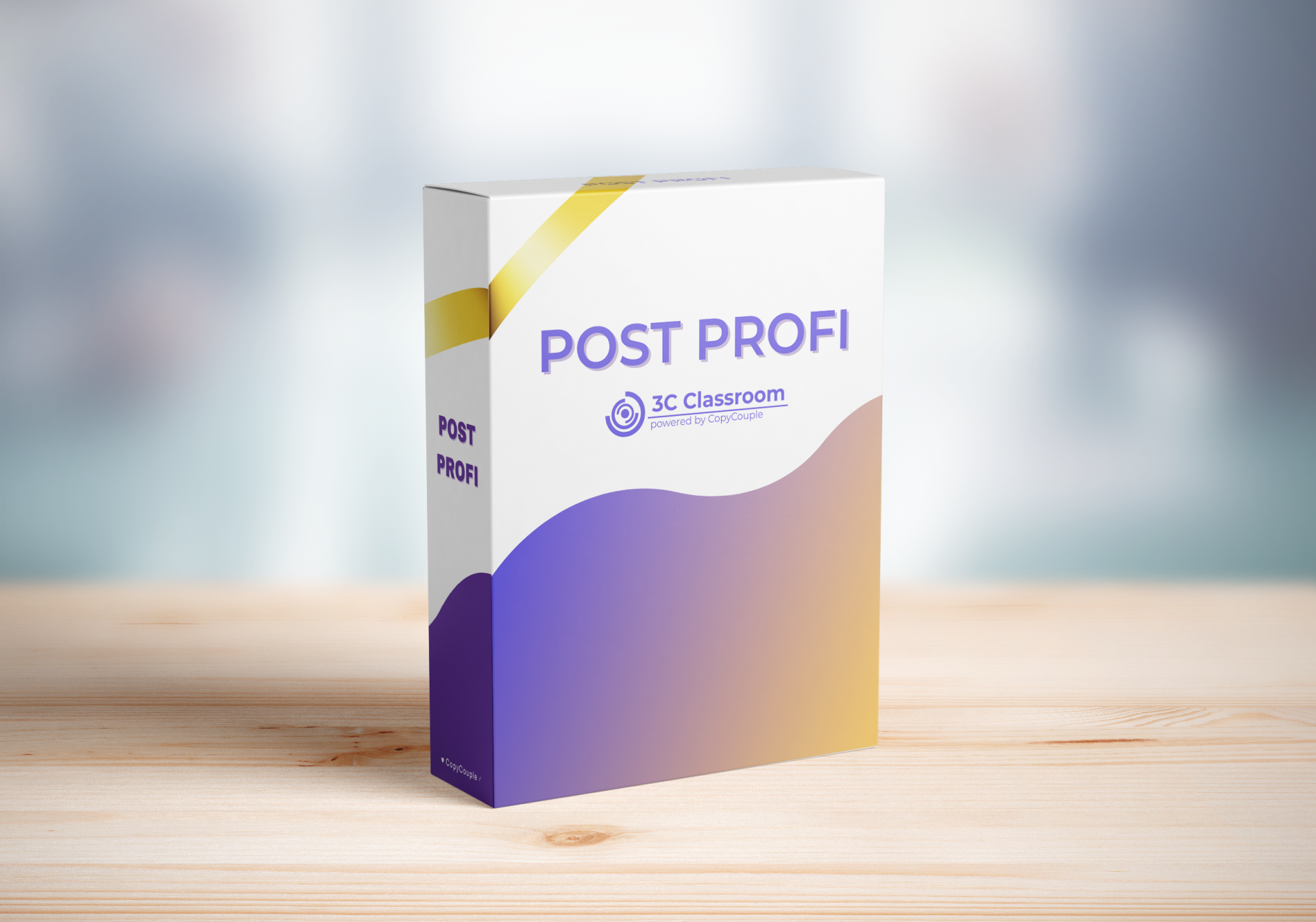 Produktverpackung für POST PROFI von 3C Classroom, gestaltet in einem modernen Stil mit einem Verlauf von lila zu weiß und einem goldenen Akzent. Ideal für digitale Lernlösungen.