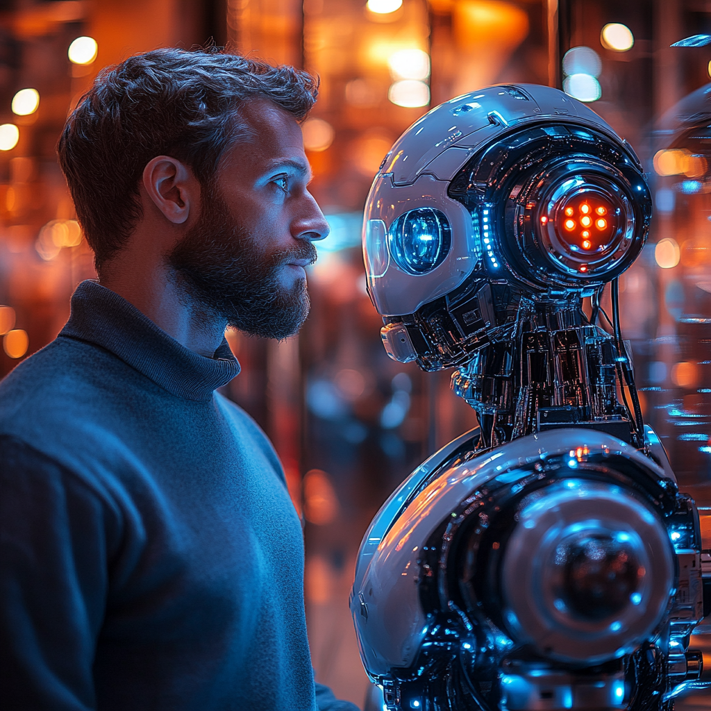 Ein Mann steht einem futuristischen Roboter gegenüber, der mit leuchtenden blauen und roten Lichtern ausgestattet ist. Die Szene zeigt eine moderne Umgebung mit unscharfem Hintergrund, die eine technologische Atmosphäre vermittelt.