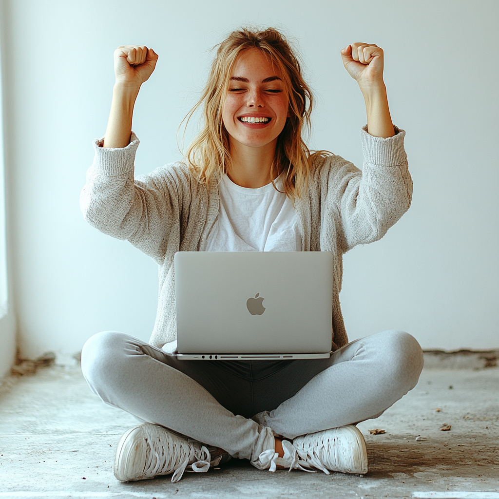 Junge Frau sitzt auf dem Boden, lächelt und hebt die Arme in einem Siegespose, während sie vor einem Laptop arbeitet. Sie trägt einen hellen Pullover und Jogginghose in einem modernen, minimalistischen Raum.
