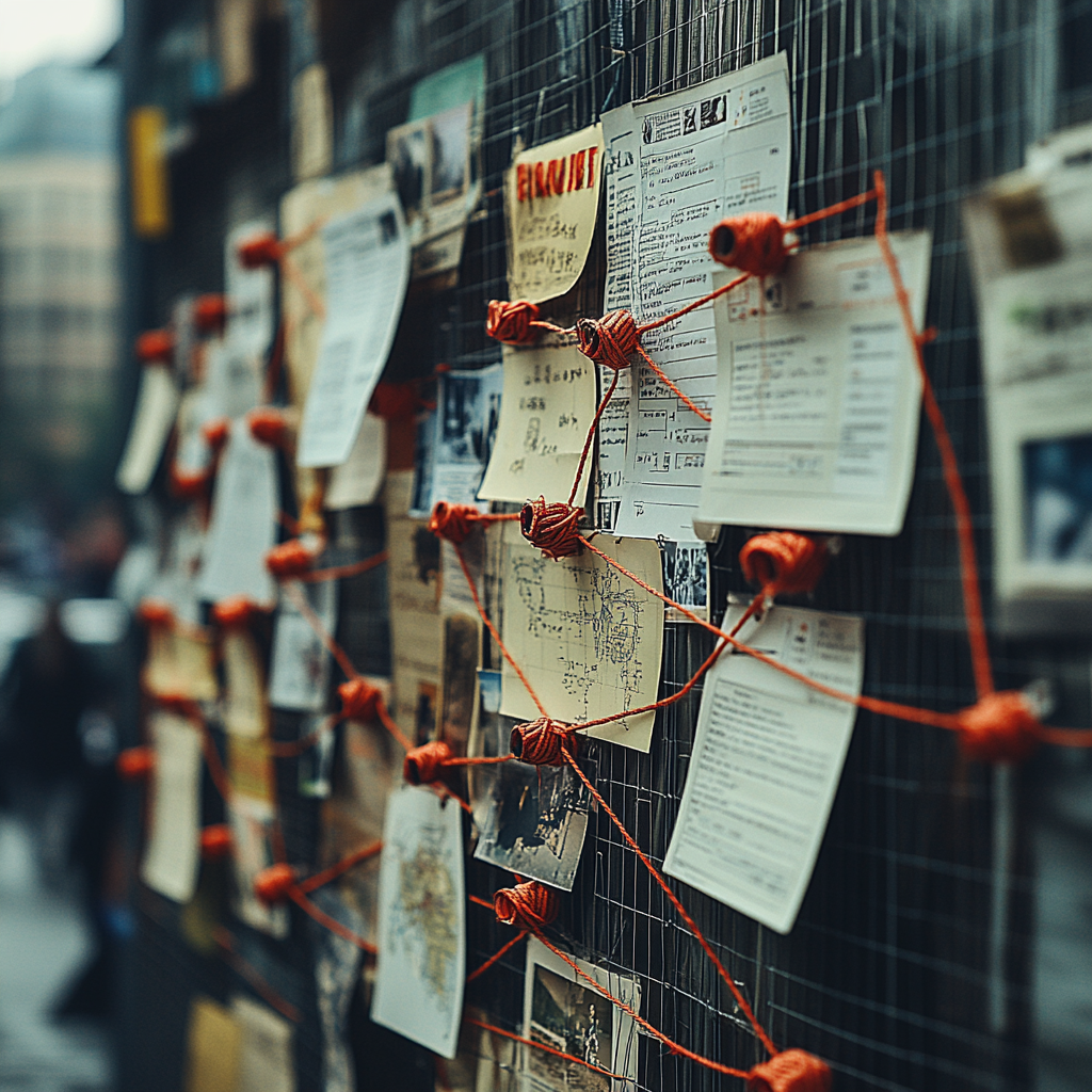 Eine Wand mit zahlreichen Zetteln, die mit orangefarbenem Garn befestigt sind. Die Zettel enthalten verschiedene Texte und Bilder, die an einem Gitter befestigt sind. Die Umgebung ist urban und vermittelt eine kreative, dynamische Atmosphäre.