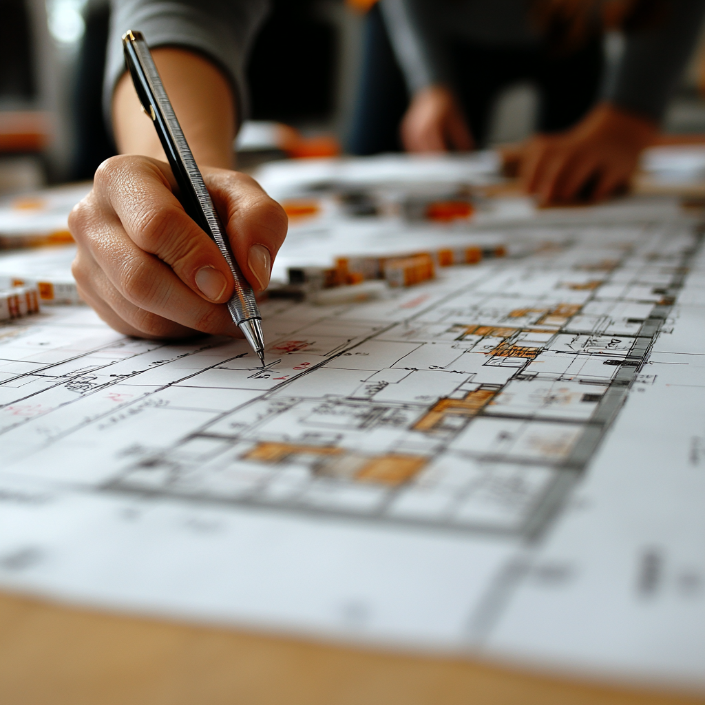 Eine Hand mit einem Stift, die auf einem architektonischen Plan zeichnet. Im Hintergrund sind weitere Hände und Detailansichten des Plans zu sehen. Die Zeichnung zeigt verschiedene Räume und Gebäudeelemente, die farblich hervorgehoben sind.