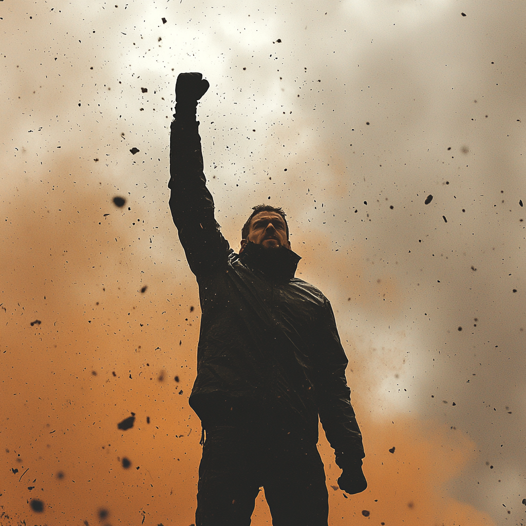 Mann mit erhobener Faust steht in einer dramatischen Kulisse mit Staub und orangefarbenem Himmel, symbolisiert Stärke und Entschlossenheit.