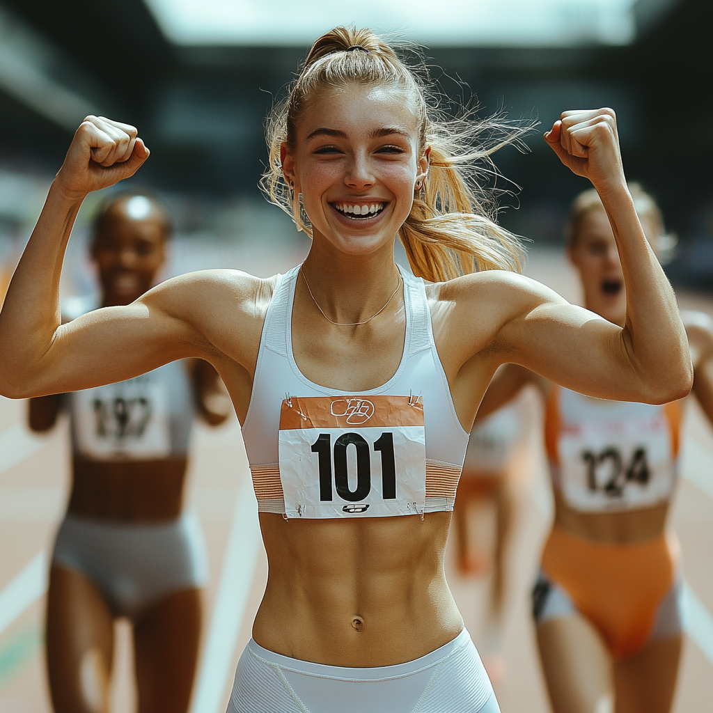 Junge Athletin mit Nummer 101 in sportlicher Bekleidung, die lächelt und ihren Erfolg mit erhobenen Armen feiert, während im Hintergrund andere Wettkämpfer sich auf der Laufbahn befinden. Die Szene vermittelt Freude und sportliche Leistung.