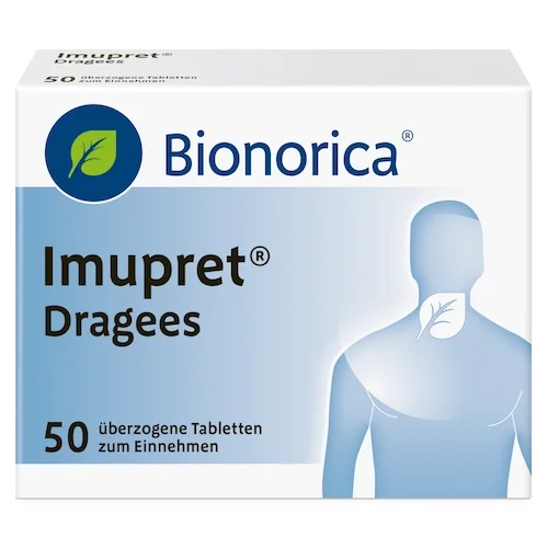 Packung von Bionorica Imupret Dragées mit 50 überzogenen Tabletten zur Einnahme, abgebildet mit einer stilisierten menschlichen Silhouette und einem Blatt-Symbol.