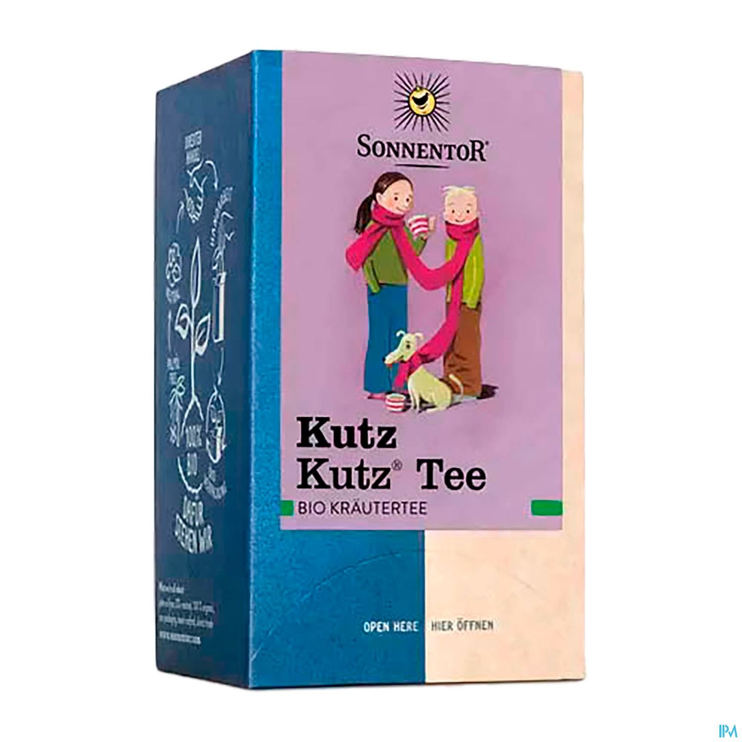 Verpackung eines Bio-Kräutertees namens "Kutz Kutz" von Sonnentor, mit Abbildung von zwei Kindern und einem Hund.