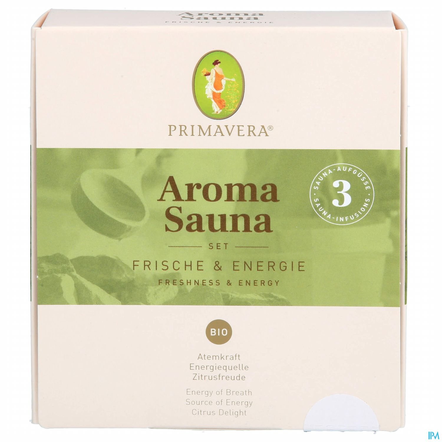 Verpackung des Primavera Aroma Sauna Sets "Frische & Energie" mit Angaben zu Bio-Qualität und Inhaltsstoffen.