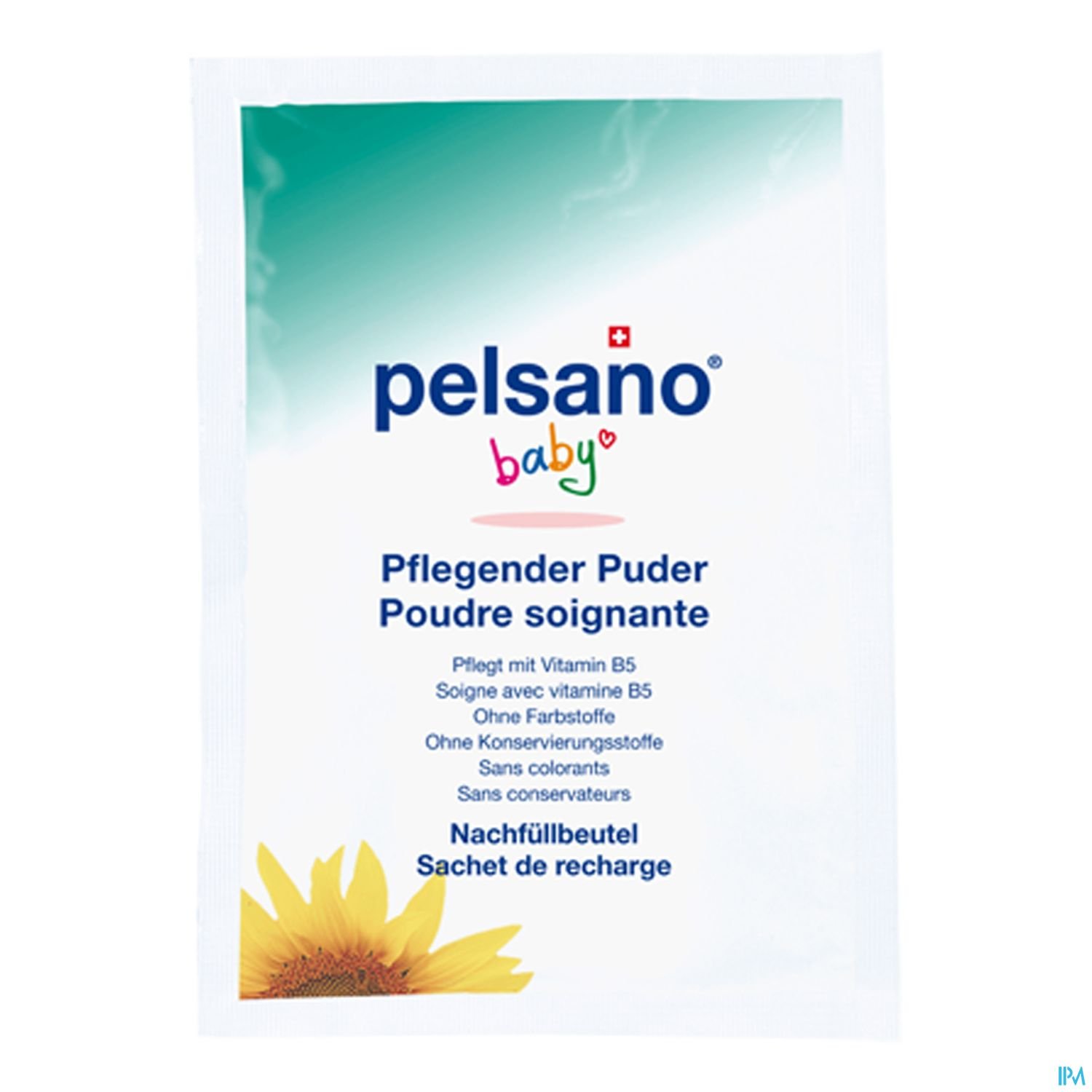Weißer Nachfüllbeutel für pflegenden Puder von Pelsano Baby mit Hinweise zu Inhaltsstoffen und Verwendung.