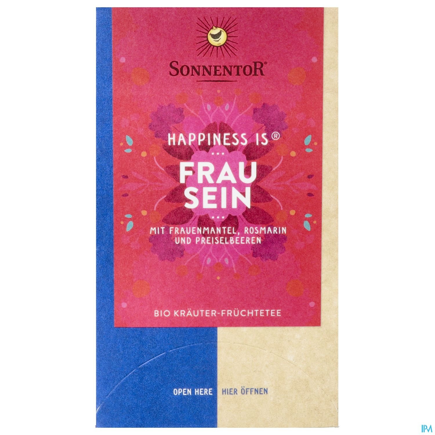 Verpackung des Bio Kräuter-Früchtetees "Happiness is® Frau sein" von Sonnentor, mit den Zutaten Frauenmantel, Rosmarin und Preiselbeeren.