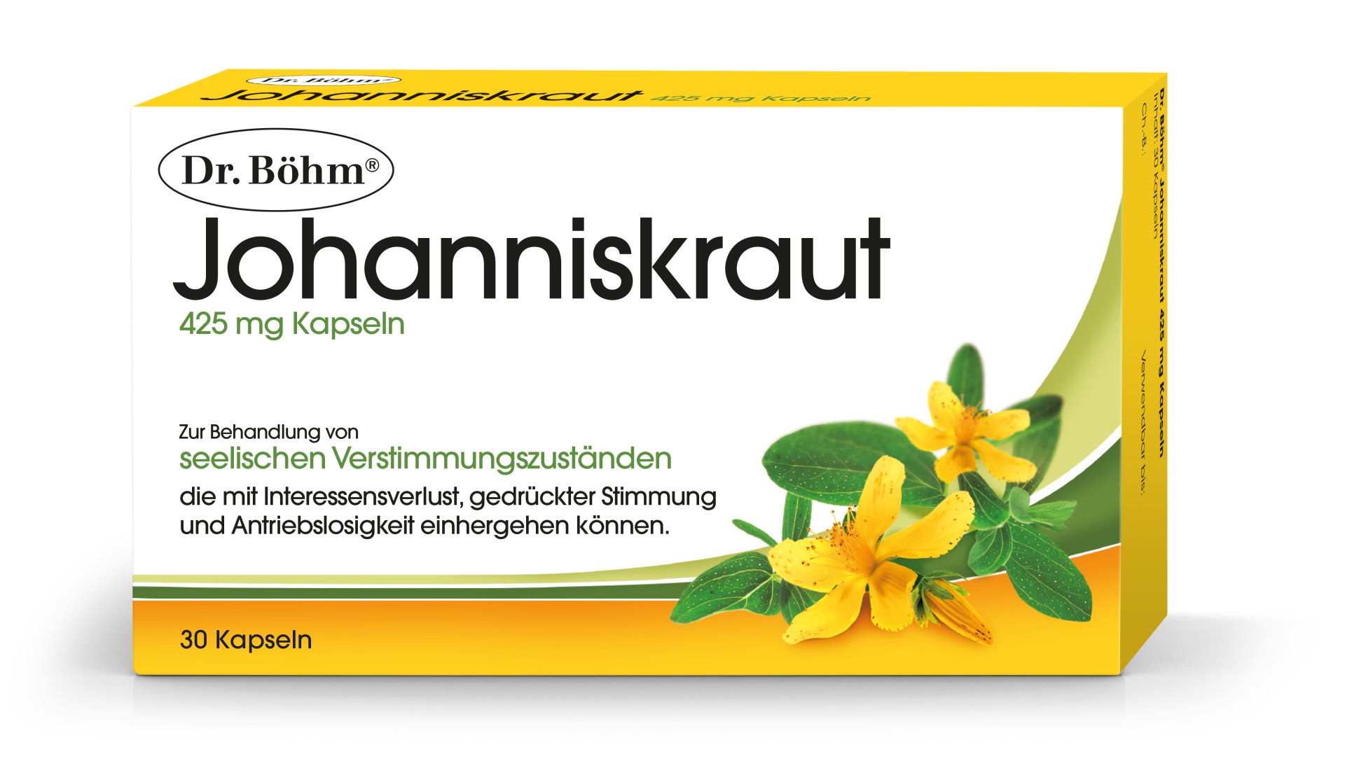 Verpackung von Dr. Böhm Johanniskraut Kapseln mit 425 mg für die Behandlung seelischer Verstimmungszustände.