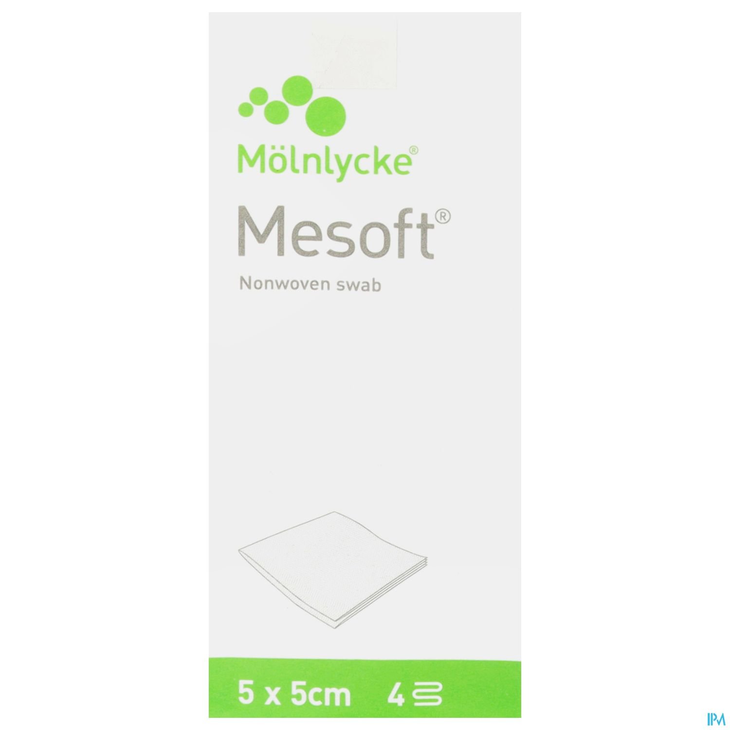 Verpackung von Mölnlycke Mesoft, einem nicht-gewebten Tupfer, Größe 5 x 5 cm, Packungsinhalt 4 Stück.