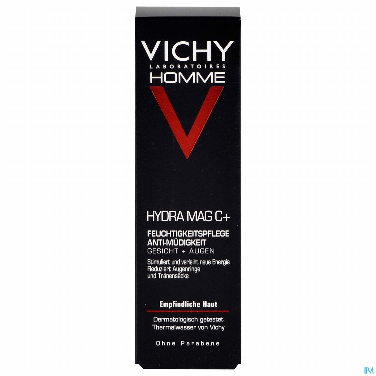 Schwarze Verpackung einer Gesichts- und Augenpflege mit der Aufschrift "Vichy Homme Hydra Mag C+", die Feuchtigkeit und Anti-Müdigkeit verspricht.