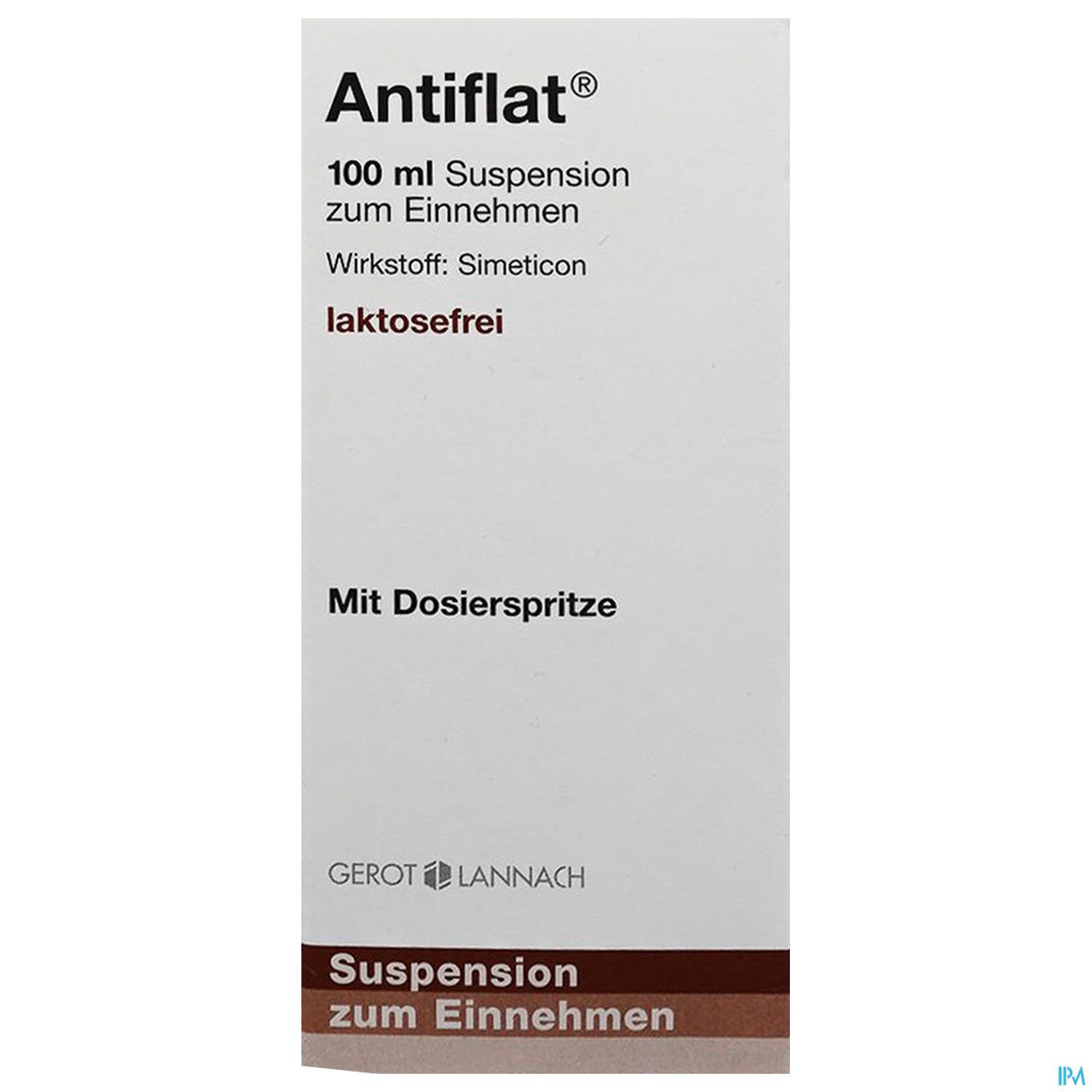 Produktverpackung von Antiflat, 100 ml Suspension zum Einnehmen, mit der Kennzeichnung laktosefrei und dem Wirkstoff Simeticon.