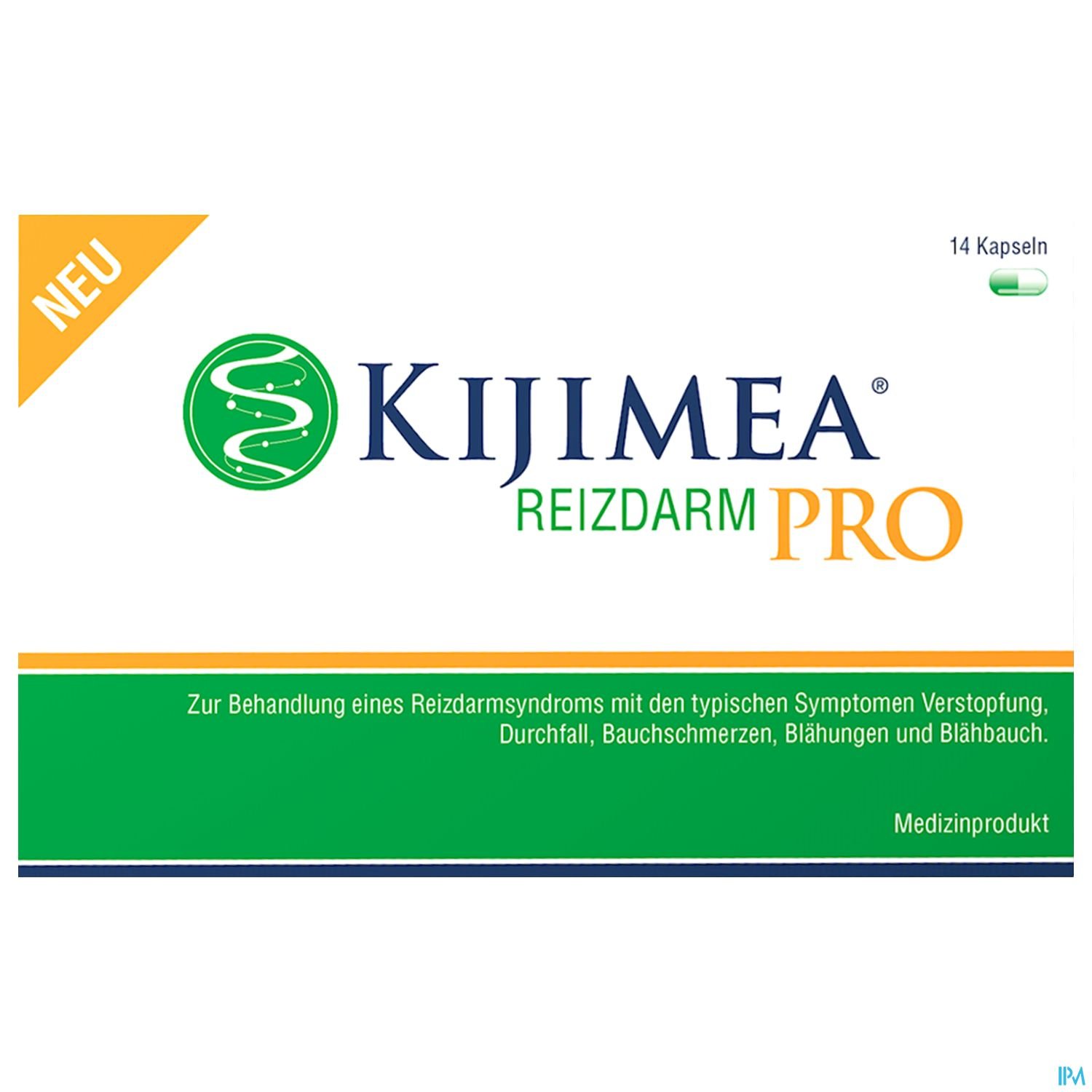 Packungsdesign von Kijimea Reizdarm PRO mit 14 Kapseln, Informationen zur Behandlung von Reizdarmsyndrom.