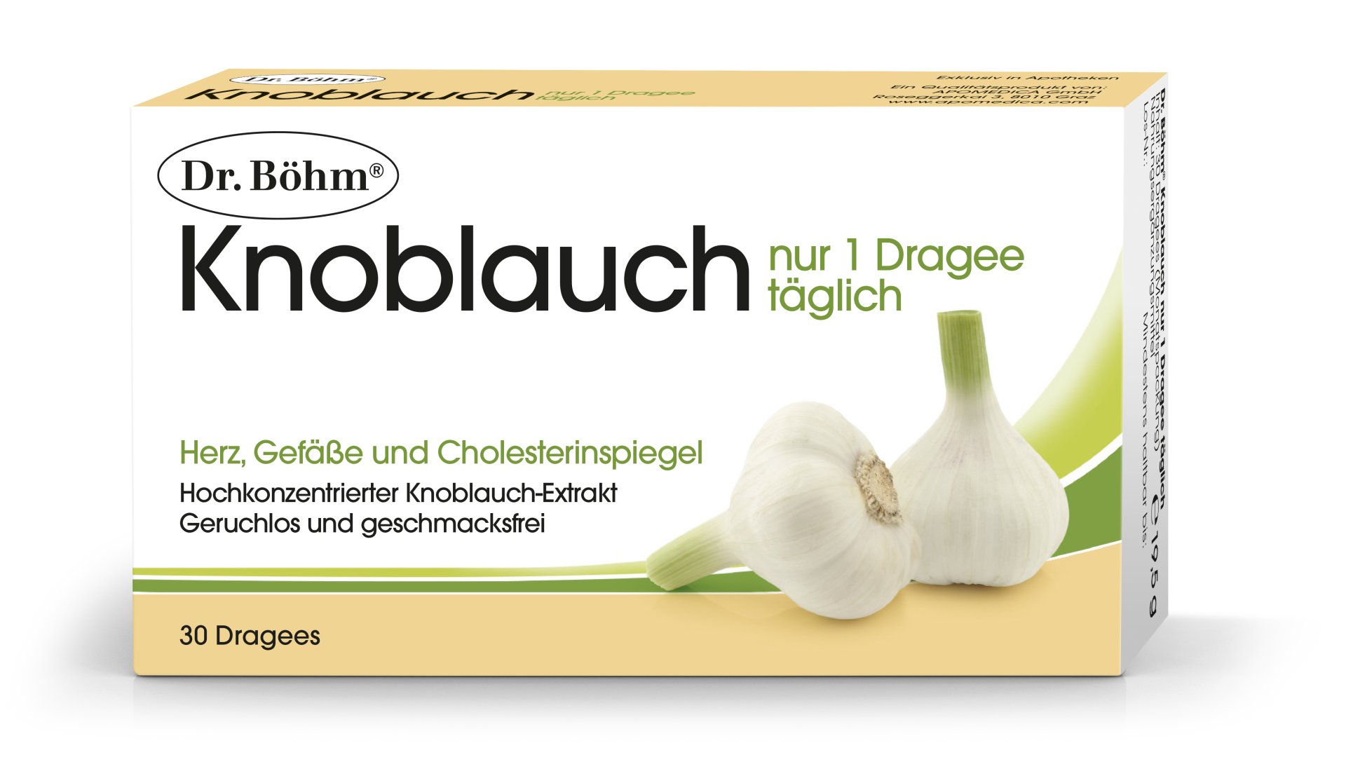 Verpackung von Dr. Böhm Knoblauch-Dragees mit dem Hinweis "nur 1 Dragee täglich" und Informationen zu Herz, Gefäßen und Cholesterinspiegel.