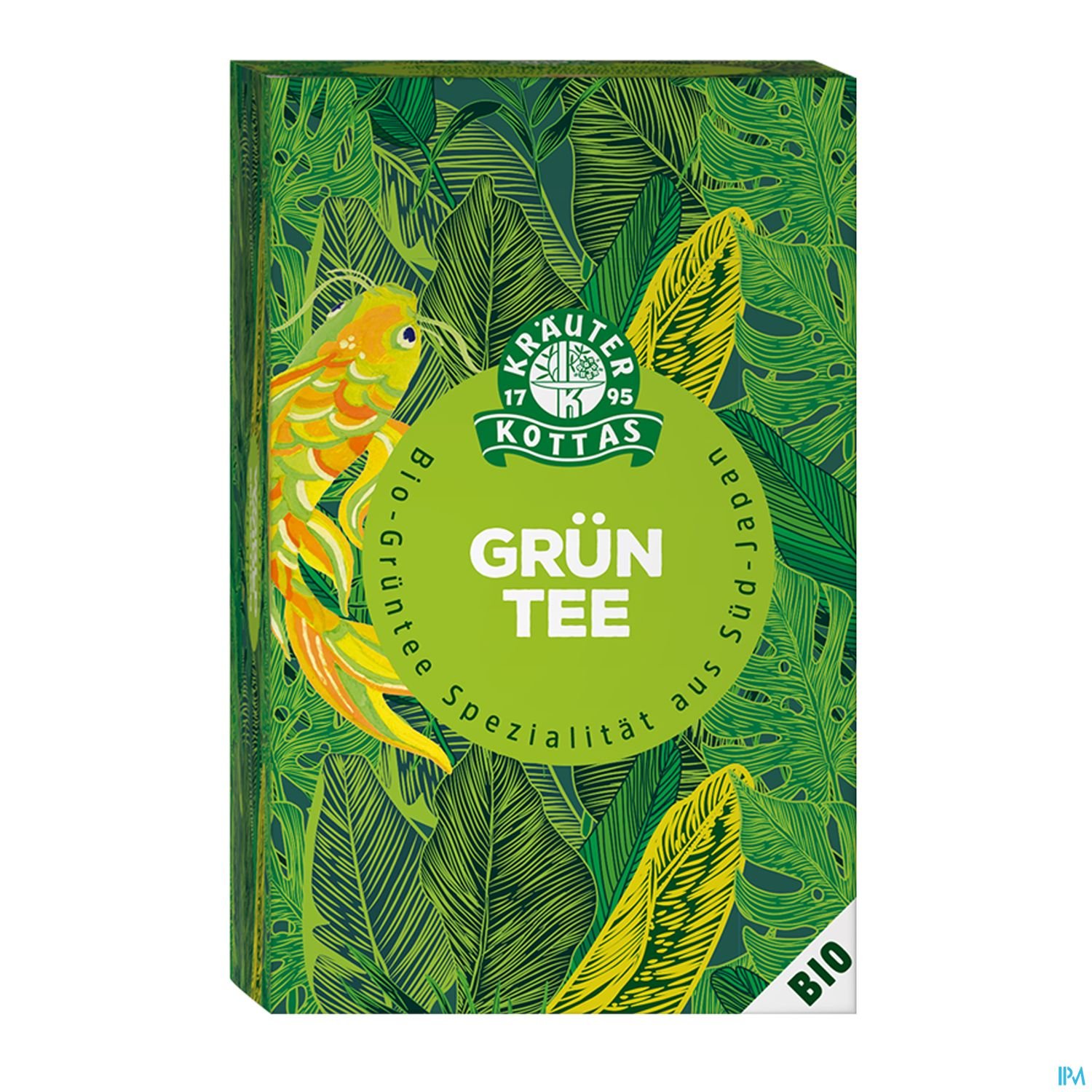 Verpackung von Bio-Grüntee mit grünem Blattdesign und einem gelben Vogel.