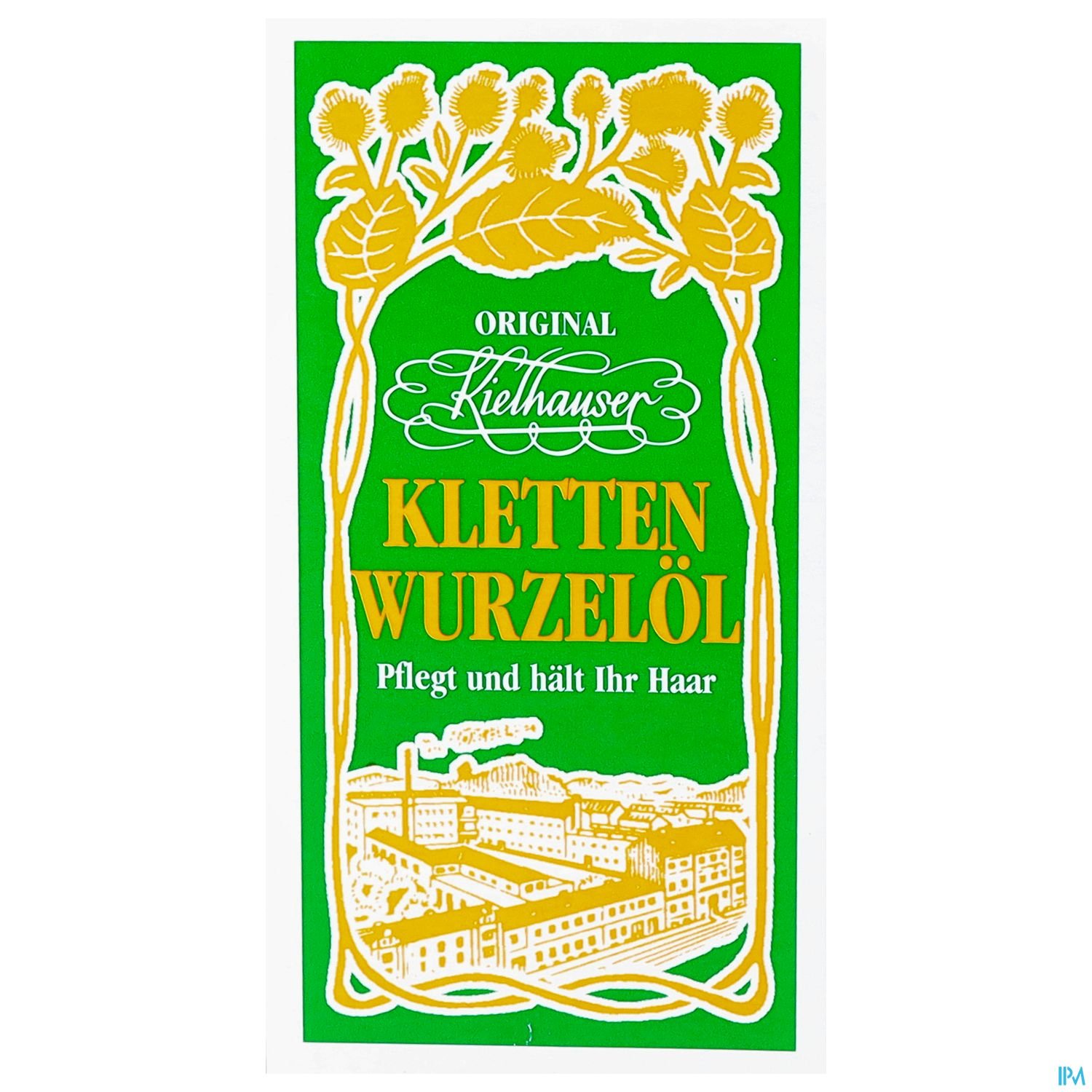 Grünes Etikett mit der Aufschrift "Original Kielhauser Klettenwurzöl" und dem Slogan "Pflegt und kühlt Ihr Haar", umgeben von einer dekorativen Pflanzenillustration.