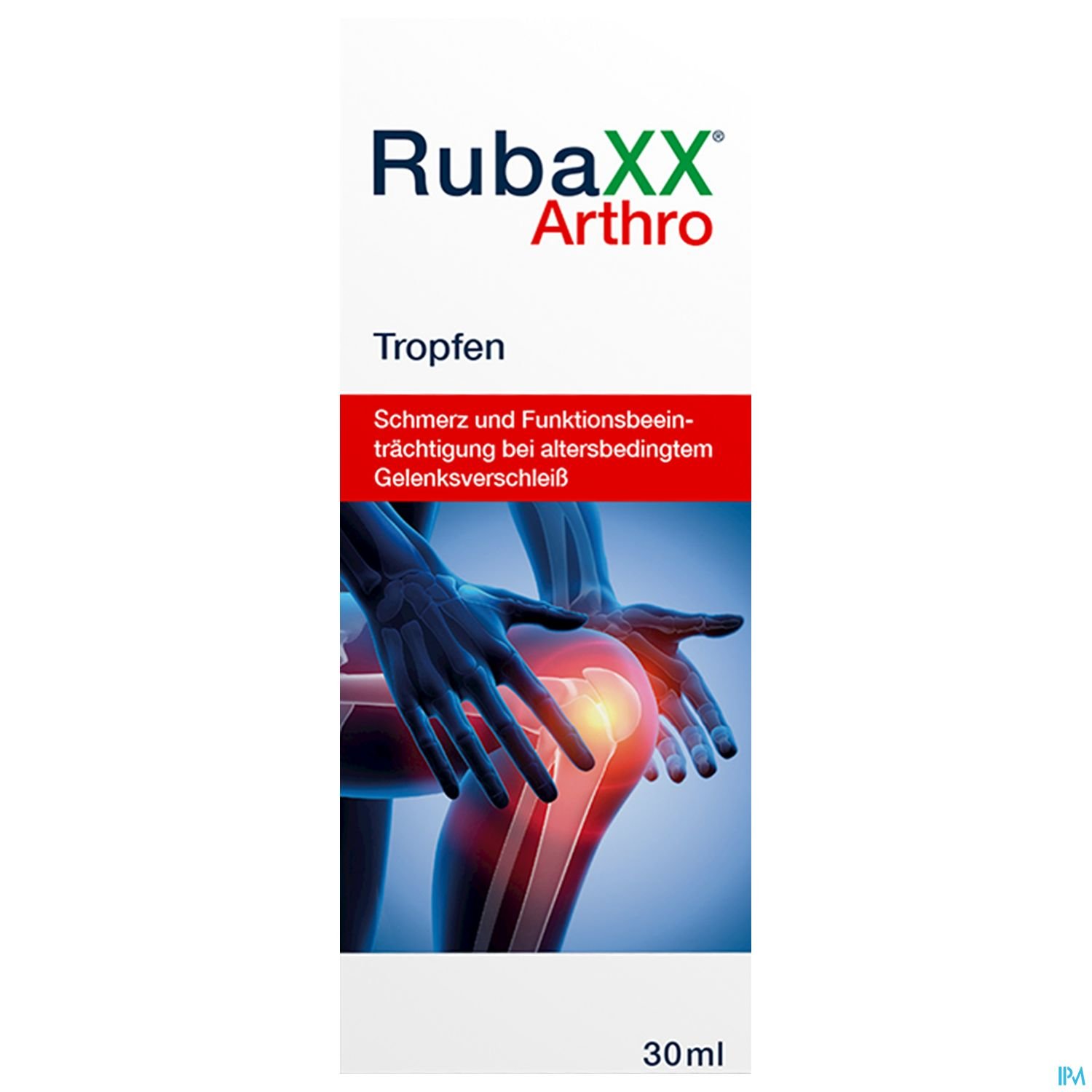 Produktverpackung von RubaXX Arthro Tropfen, 30 ml, mit dem Hinweis auf Schmerz und Funktionsbeeinträchtigung bei altersbedingtem Gelenksverschleiß.