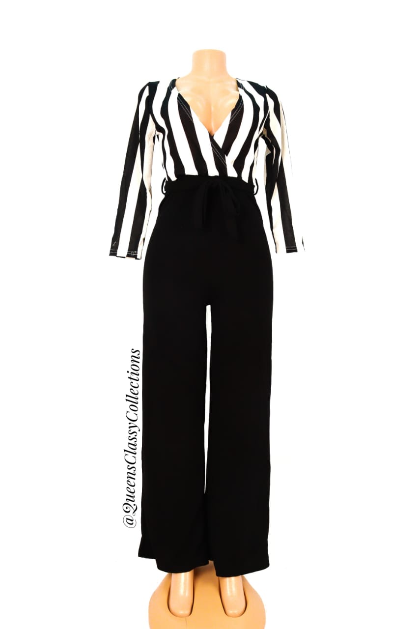 Stripped belt V-neck Jumpsuit