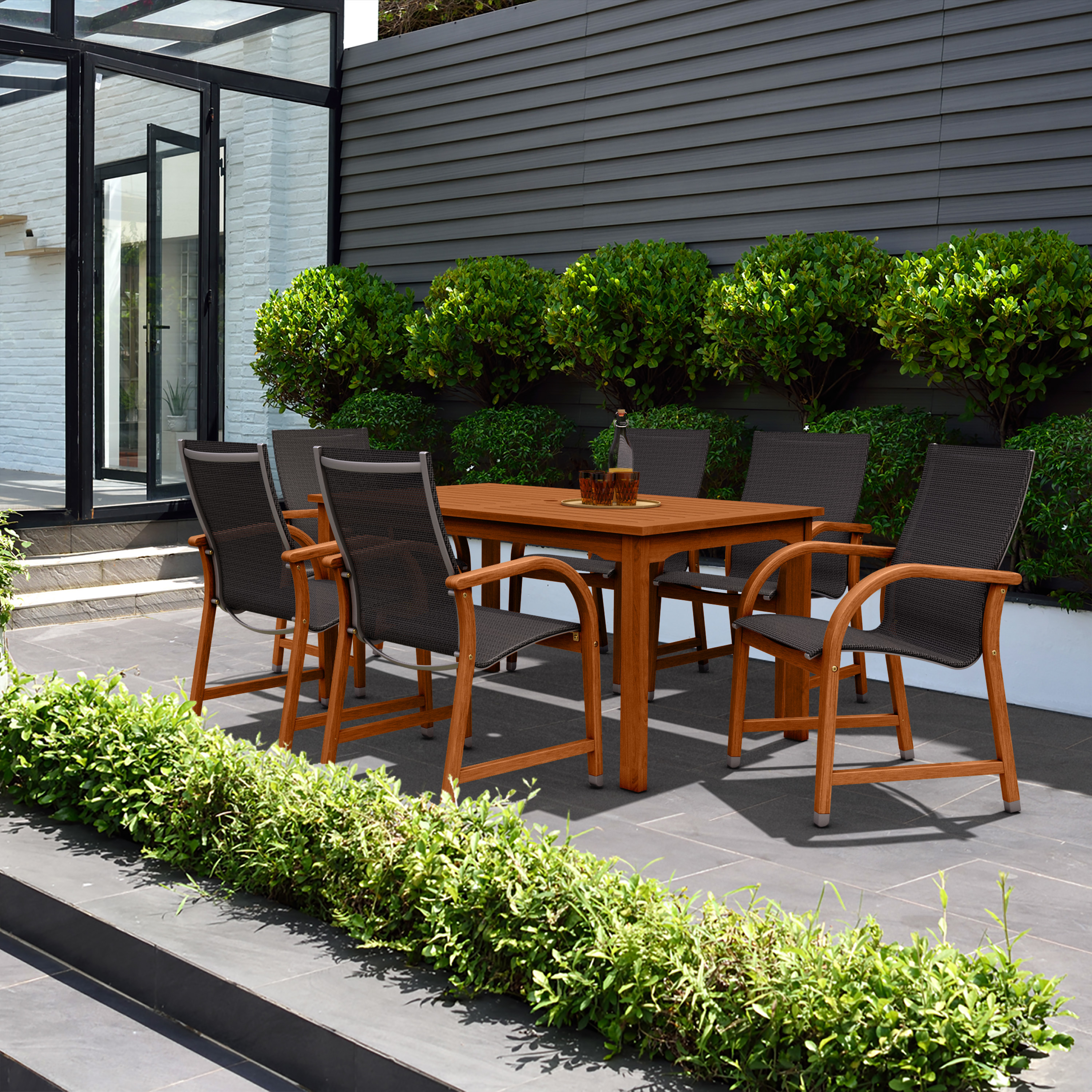 Amazonia Reiff 7-Piece Outdoor Dining Set | Eucalyptus | Black Chairs
