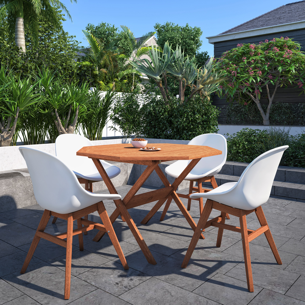 Amazonia Focant 5-Piece Outdoor Dining Set | Eucalyptus | White Chairs