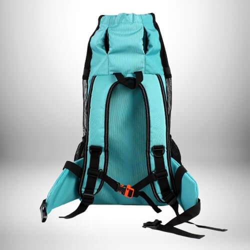 Le sac à dos transport chien, de couleur vert d'eau, est vu de dos. Il possède des bretelles et des sangles noires pour le maintenir en place. Le sac est partiellement recouvert de mesh noir.\n