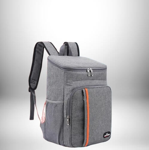 Sac à dos isotherme travail gris avec une bande orange verticale sur la poche avant.\n