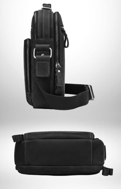 Image d'un sac de ville homme noir de côté et de dessous. Le sac a une bandoulière, plusieurs poches zippées et une boucle métallique.