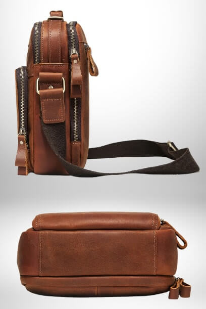 Un sac de ville homme en cuir marron avec multiples fermetures éclair et une bandoulière, ainsi qu'une seconde image du bas du sac.