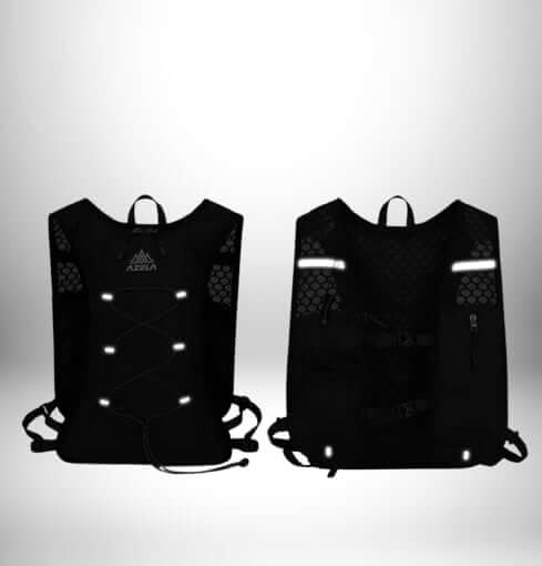 Deux vues d'un sac à dos d'hydratation noir, en face et de côté, avec des détails lumineux et des bretelles d'épaule.