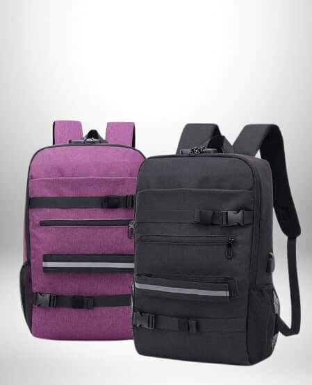 Deux sac à dos skate, le noir et le violet.