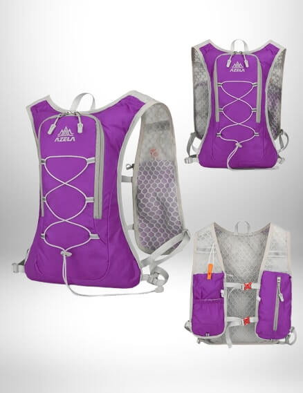 Plusieurs vues d'un sac à dos d'hydratation rose violet.