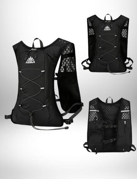 Voici une image d'un sac à dos d'hydratation noir. Il comporte une marque blanche et une fermeture éclair noire. Il y a également des poches de chaque côté.