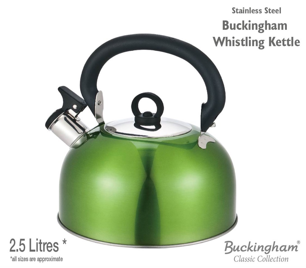 Buckingham Colour Coated Stainless Steel Camping Whistling Kettle with Heat Resistant Phenolic Handle, Metallic Green, 2.5 Litre
