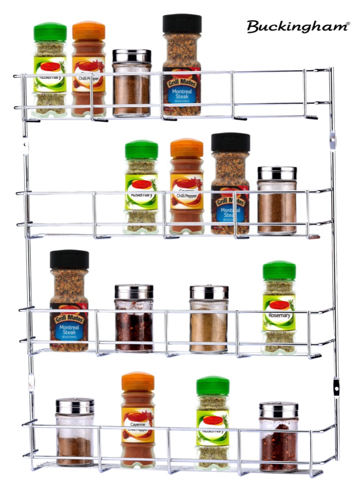 Buckingham Four Tier Spice & Herb Rack-Wall Mountable or Kitchen Cupboard Door Storage, Sturdy Gauge Chrome Plated Wire Construction, Premium Quality, 