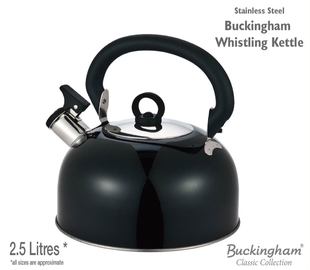 Buckingham Colour Coated Stainless Steel Camping Whistling Kettle with Heat Resistant Phenolic Handle, Black, 2.5 Litre