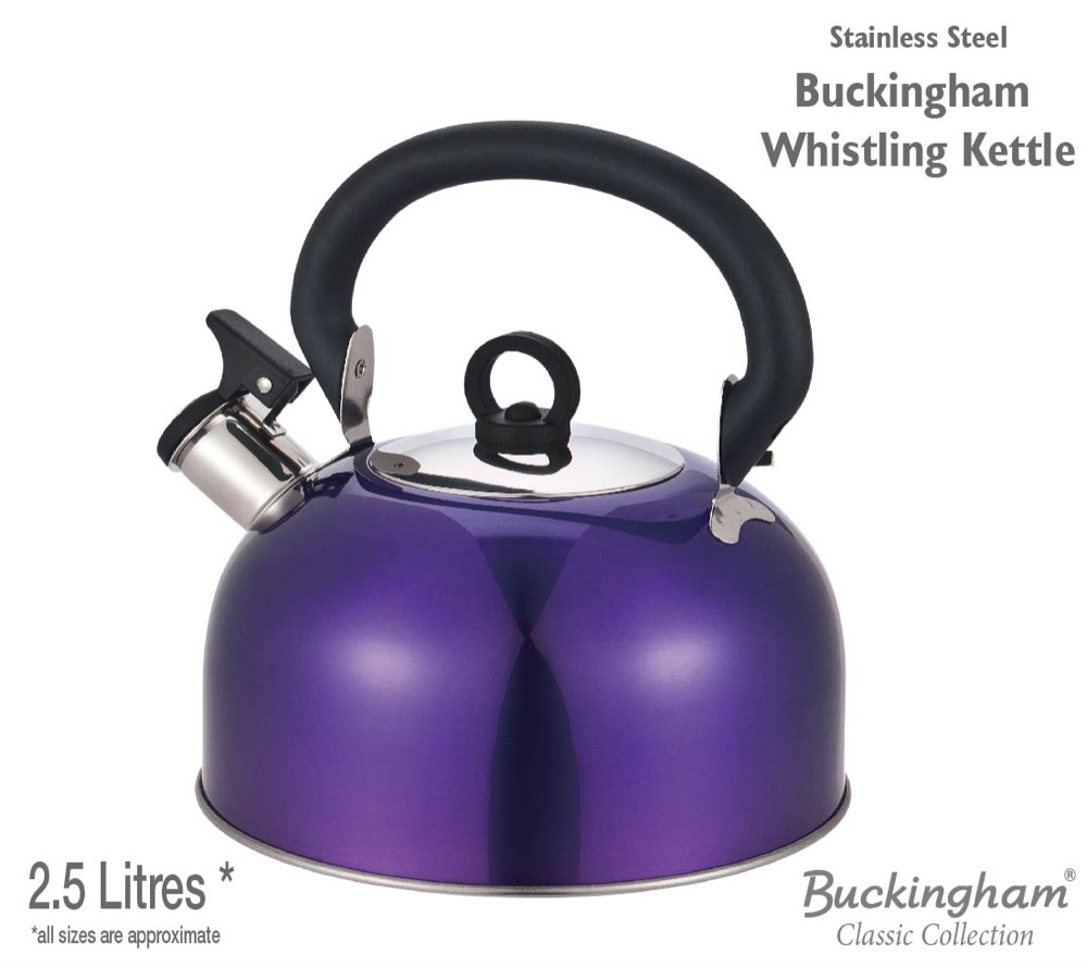Buckingham Colour Coated Stainless Steel Camping Whistling Kettle with Heat Resistant Phenolic Handle, Metallic Purple, 2.5 Litre