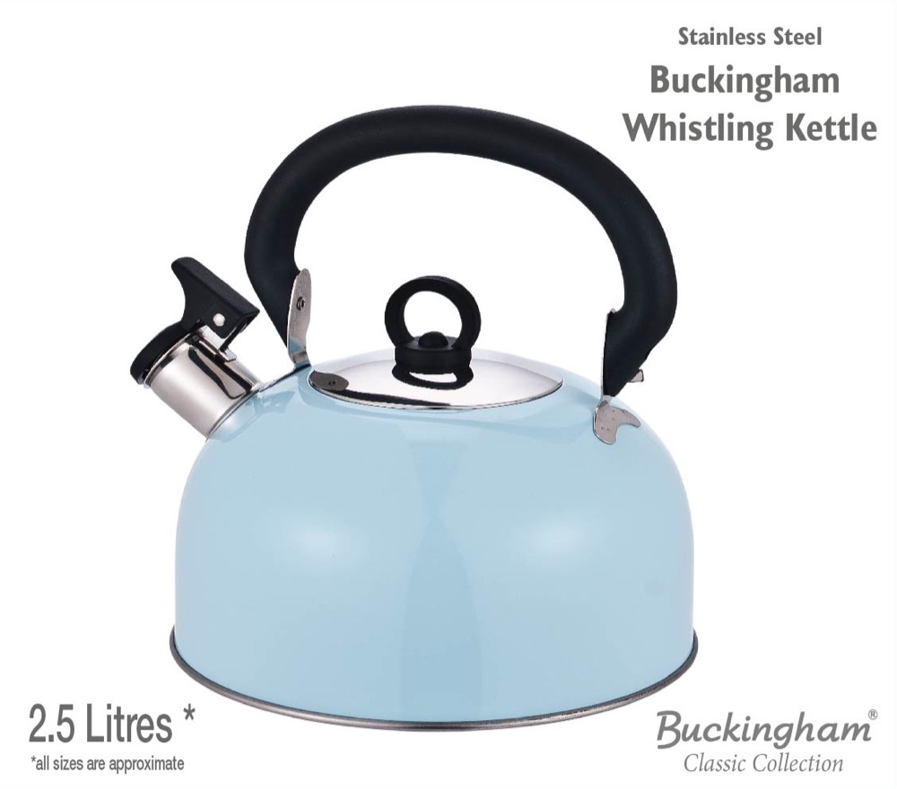 Buckingham Colour Coated Stainless Steel Camping Whistling Kettle with Heat Resistant Phenolic Handle, Sky Blue, 2.5 Litre