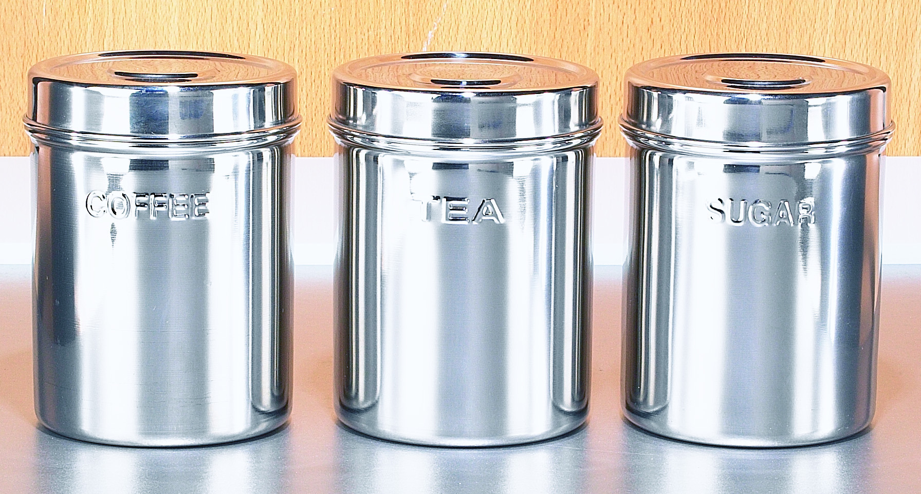 Buckingham 3 Piece Stainless Steel Storage Canisters Set Tea Coffee Sugar, Mirror Finish