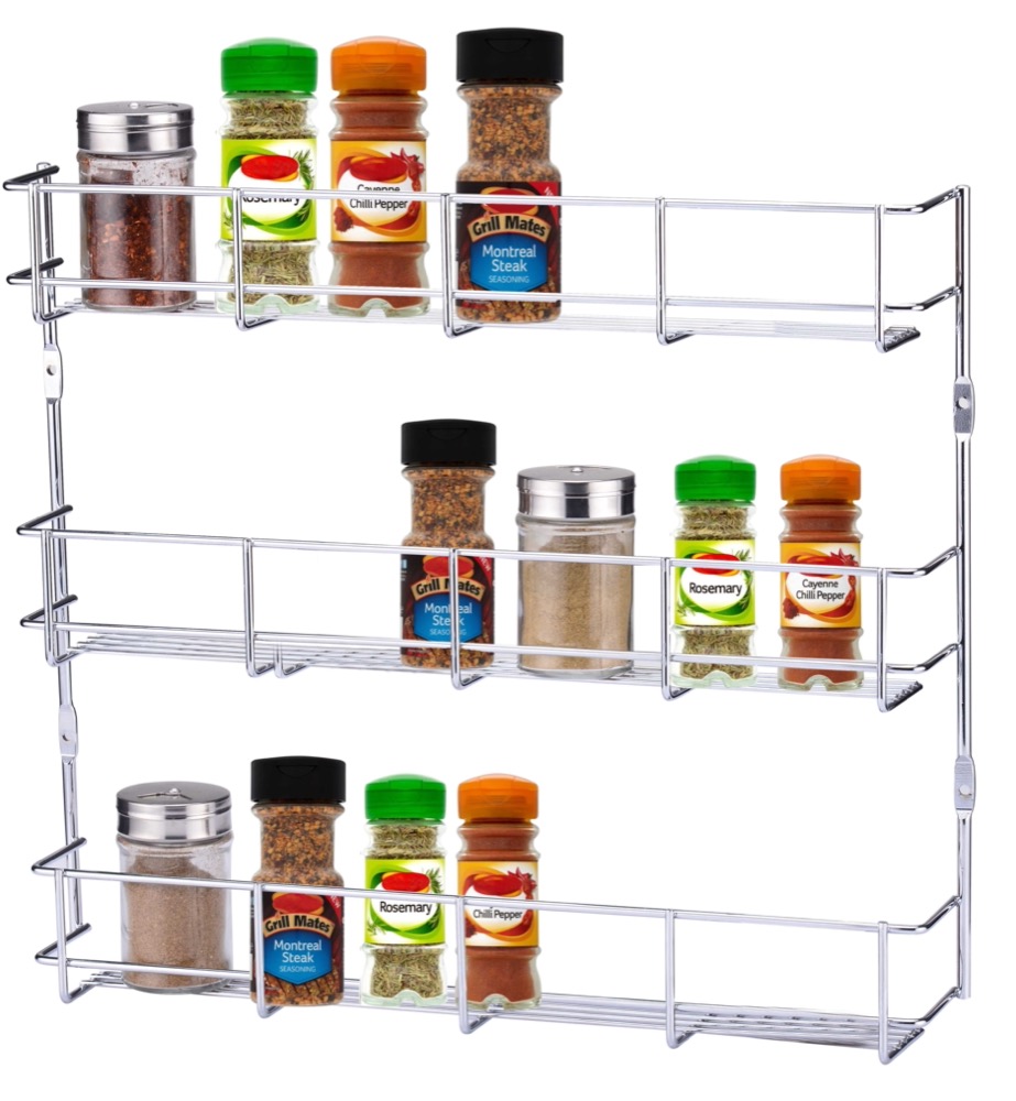 Buckingham Three Tier Spice & Herb Rack-Wall Mountable or Kitchen Cupboard Door Storage, Sturdy Gauge Chrome Plated Wire Construction, Premium Quality, 