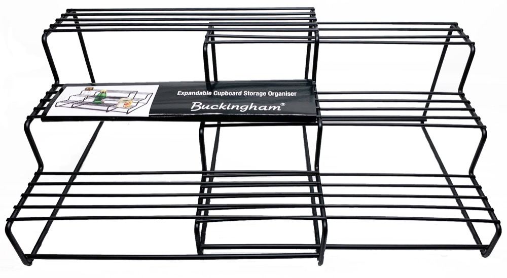 Buckingham 3 Tier Expandable Spice & Herb Rack Jar Holder Cupboard Organiser, Black, High End Premium Quality 