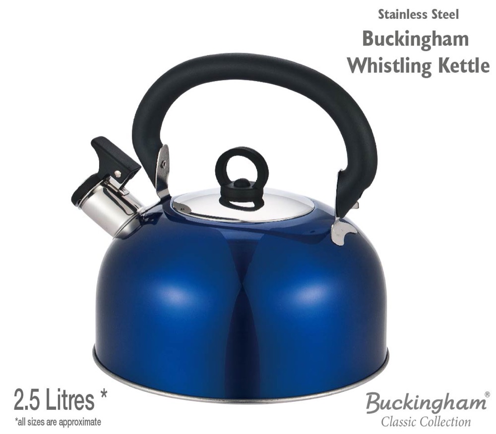 Buckingham Colour Coated Stainless Steel Camping Whistling Kettle with Heat Resistant Phenolic Handle, Met.Blue, 2.5 Litre