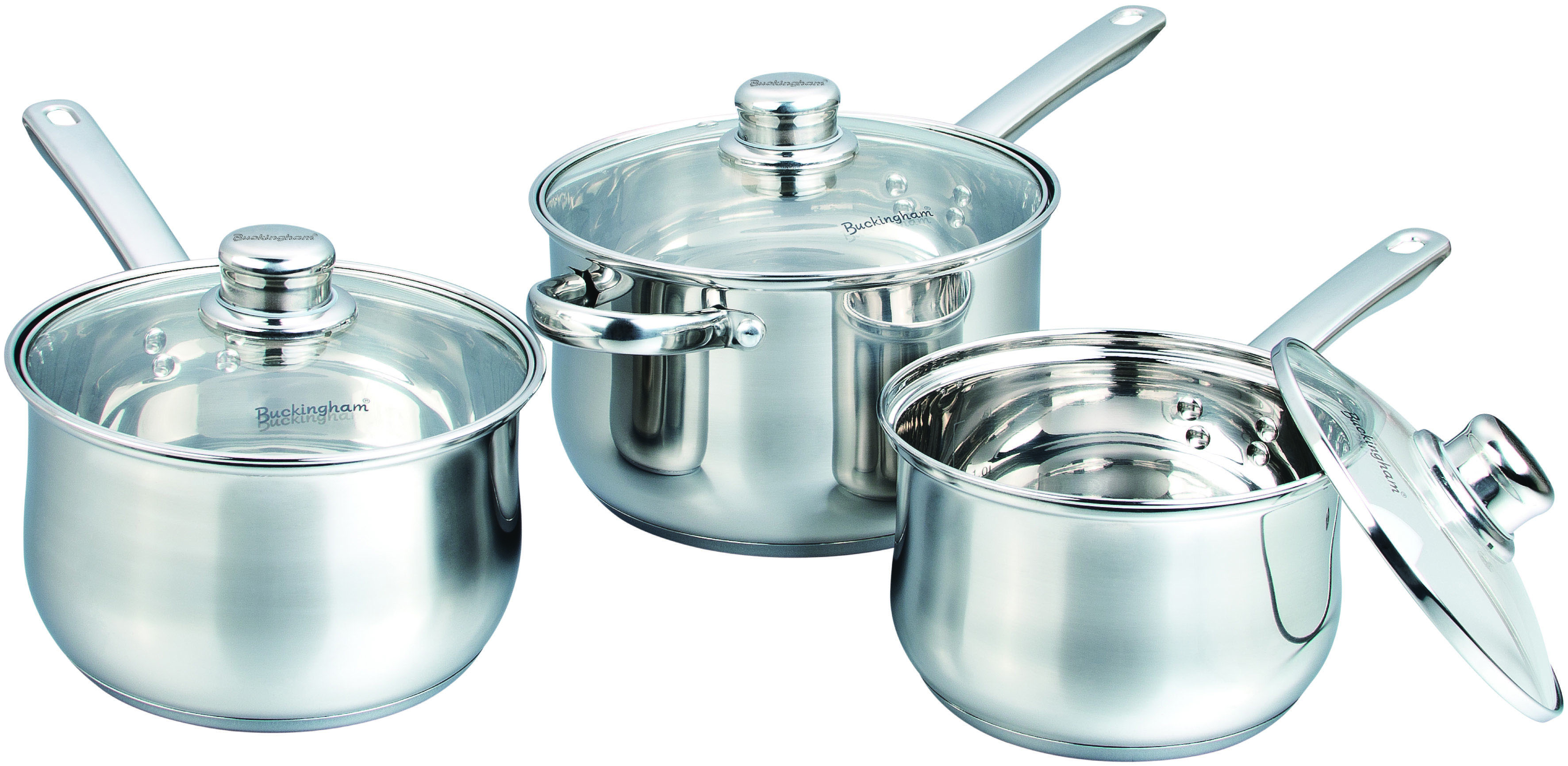 Buckingham Premium Induction Stainless Steel Saucepan Set with Glass Lids, 3 Piece