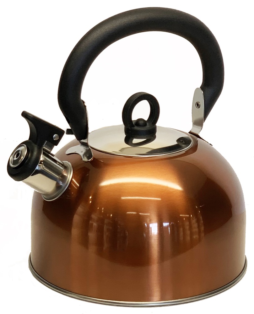 Buckingham Colour Coated Stainless Steel Campming Whistling Kettle with Heat Resistant Phenolic Handle, Metallic Copper, 2.5 Litre