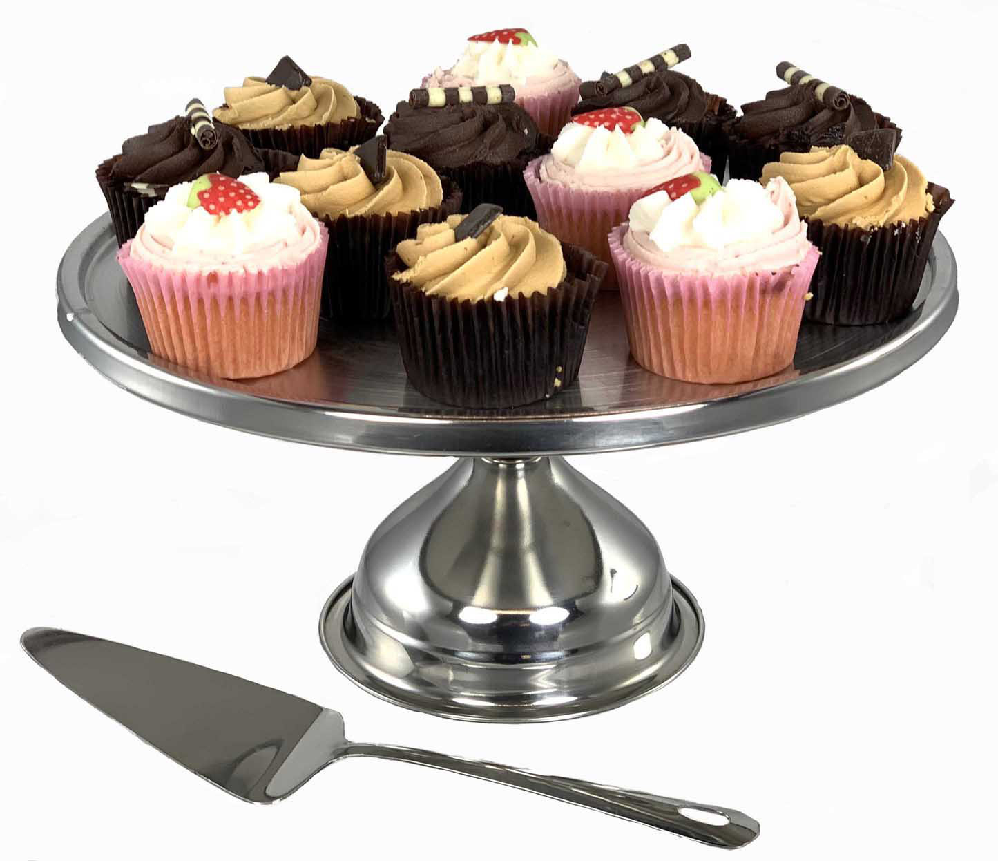 Buckingham Stainless Steel Cake Stand Cup Cakes Display Stand 30 cm + Cake Server