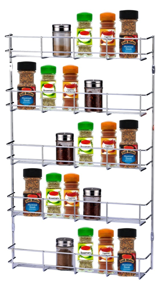 Buckingham Five Tier Spice & Herb Rack-Wall Mountable or Kitchen Cupboard Door Storage, Sturdy Gauge Chrome Plated Wire Construction, Premium Quality, 